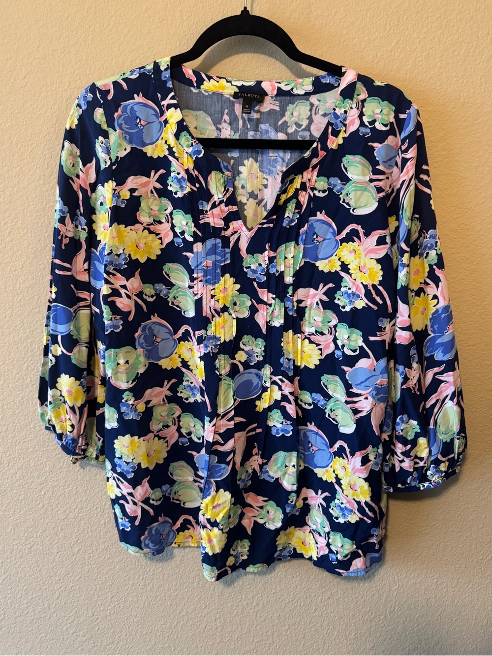 Talbots Vibrant Floral Pintuck Peasant Blouse - Navy Multi